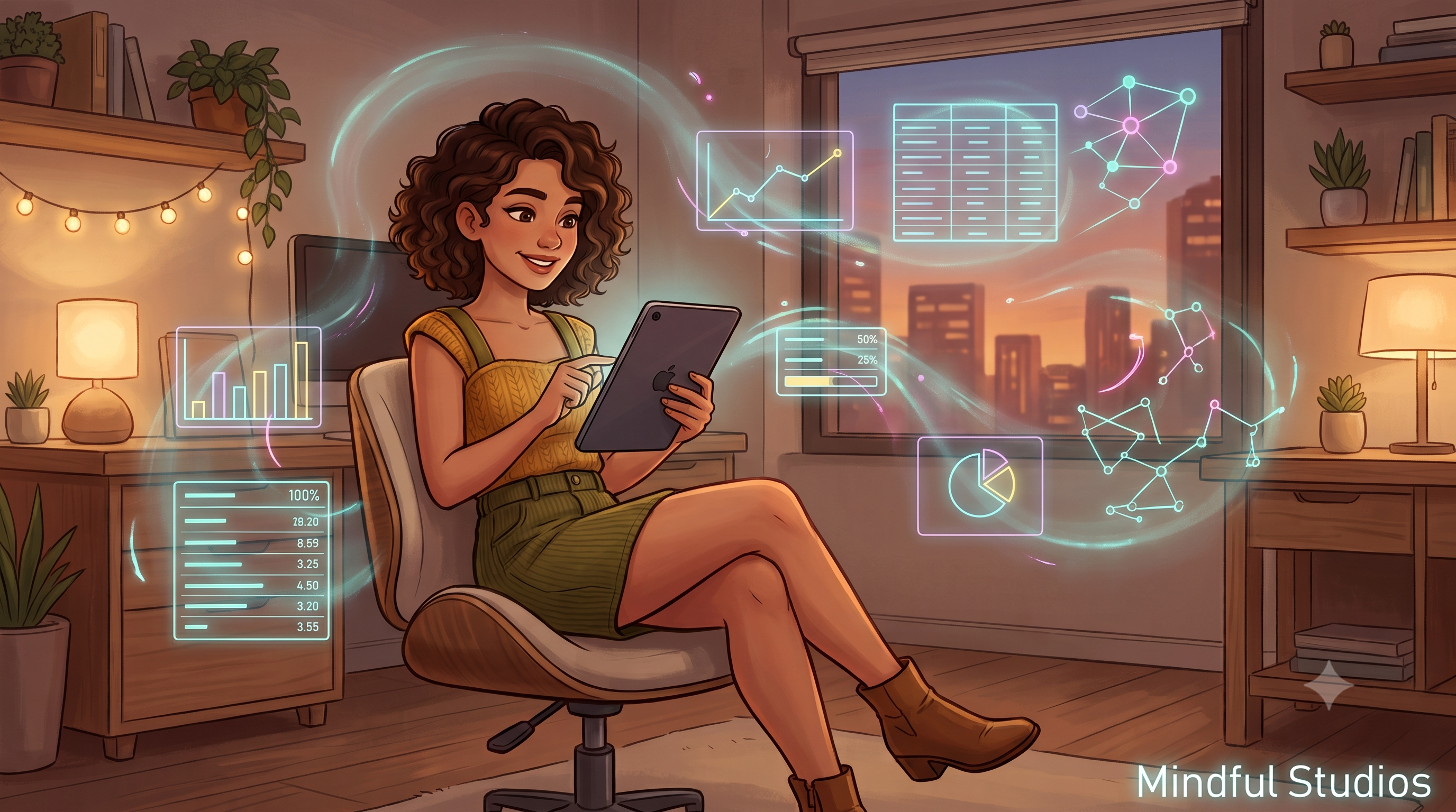 Confident computer analyst interacting with floating data on an iPad