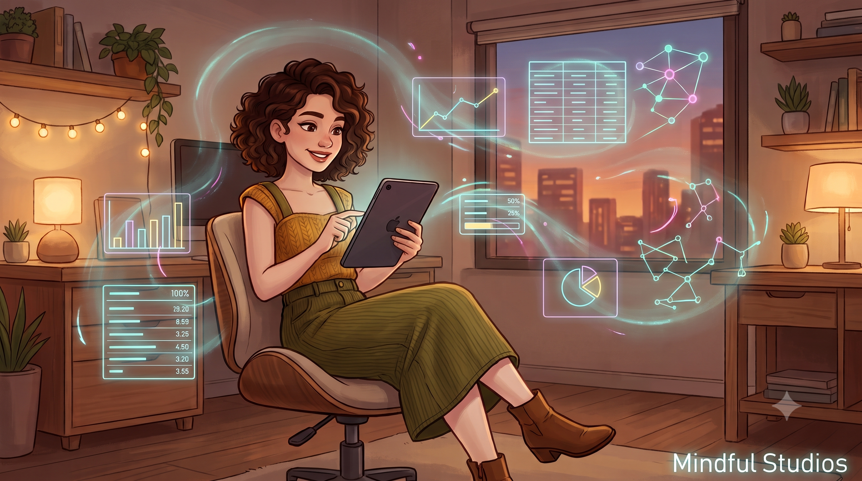 Confident computer analyst interacting with floating data on an iPad